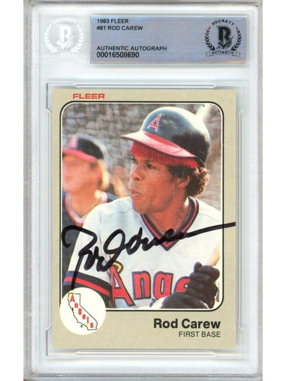 Rod Carew Signed 1983 Fleer #81 Los Angeles Angels HOF Beckett BAS Slab Auto MLB